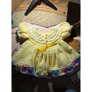 Handmade Crochet Baby Dress Yellow Heart Hem Ruffle Neck Ribbon Waist Artisan